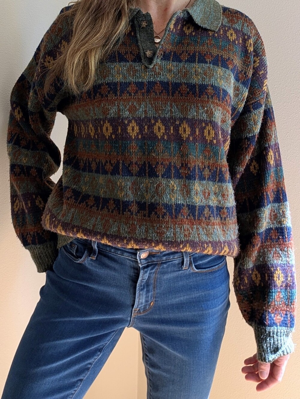 Vintage Abstract Geometric Patterned Collared Henley Sweater In Sage Green/Brown - Picture 2 of 8